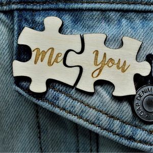 New handmade wood Art puzzle piece Love Me and You wearable Pins Jewelry SET (2)